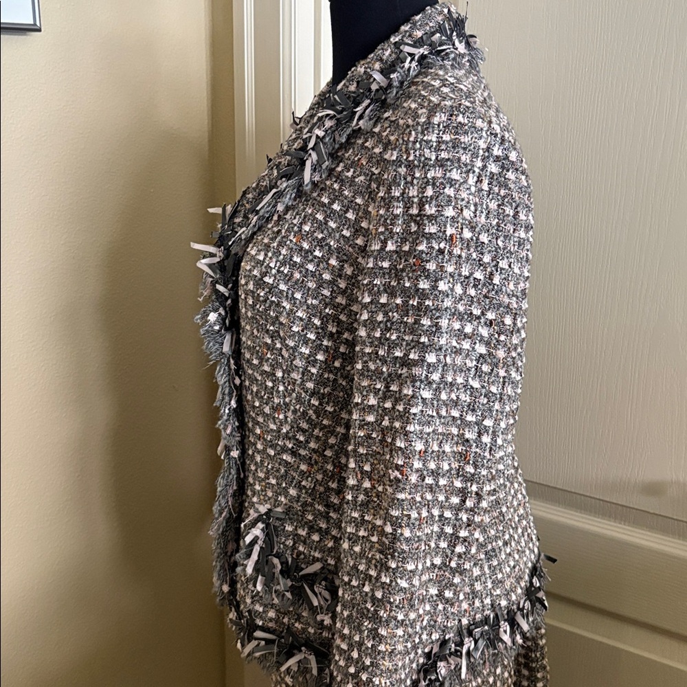 Teri Jon  Gray &Pink Tweed Jacket and skirt with Ribbon Accents 8 Neiman Marcus - Picture 5 of 12